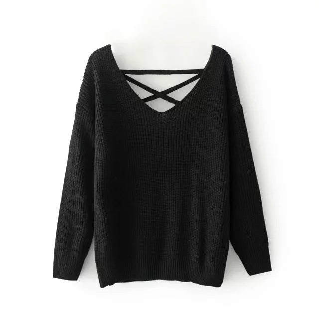 Pull-over en tricot pour femmes avec décolleté en V profond et design décoratif au dos Chic und Stil