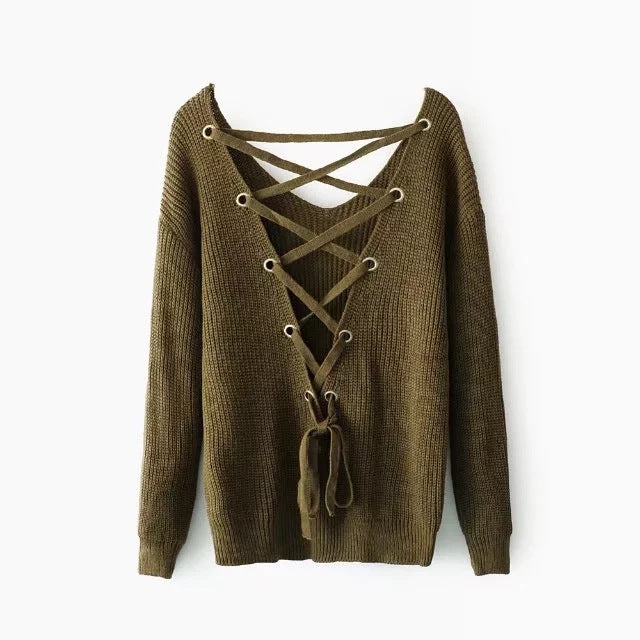 Pull-over en tricot pour femmes avec décolleté en V profond et design décoratif au dos Chic und Stil