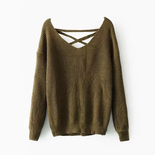 Pull-over en tricot pour femmes avec décolleté en V profond et design décoratif au dos Chic und Stil