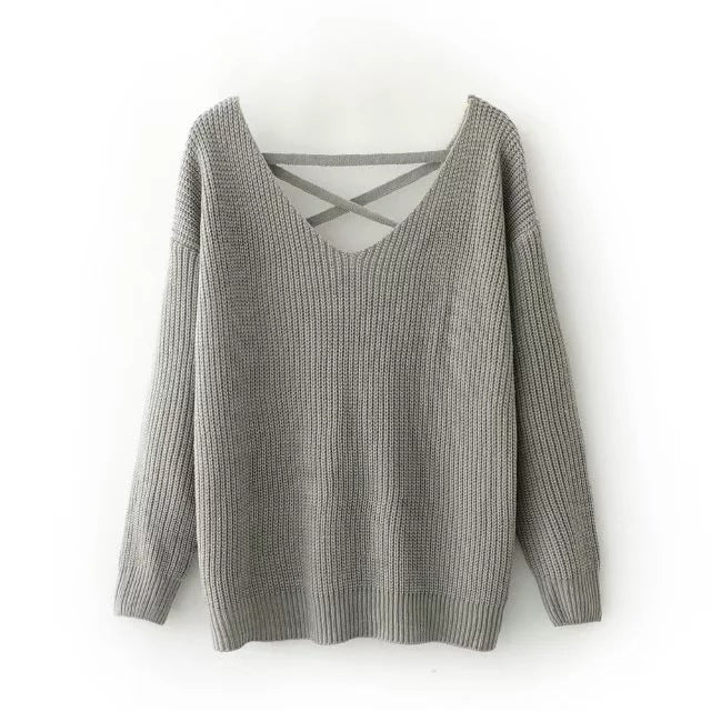 Pull-over en tricot pour femmes avec décolleté en V profond et design décoratif au dos Chic und Stil