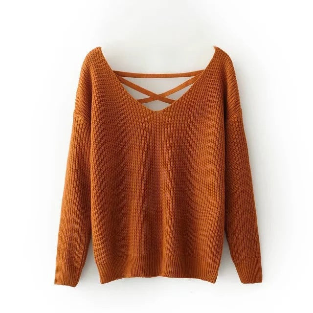 Pull-over en tricot pour femmes avec décolleté en V profond et design décoratif au dos Chic und Stil