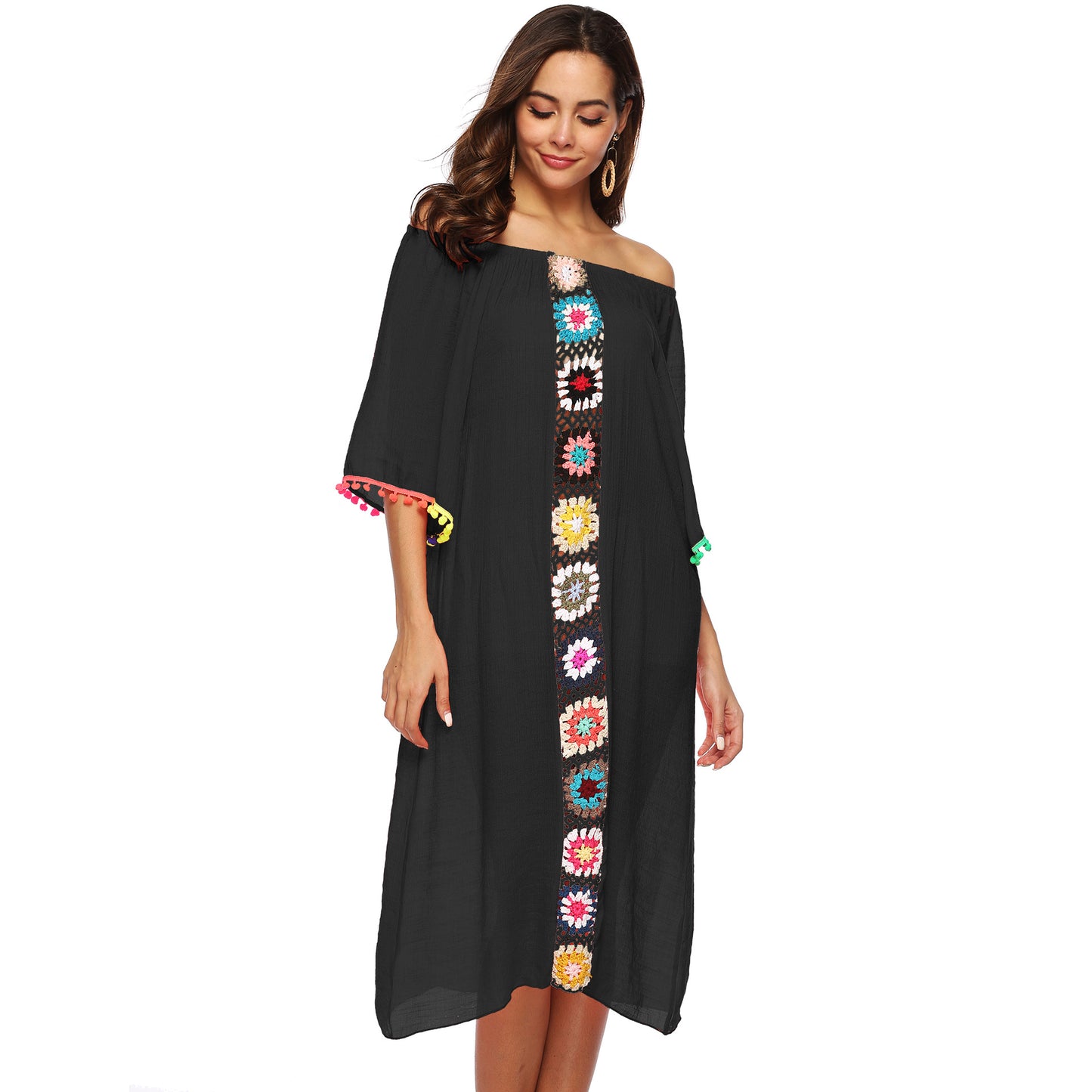 Robe Midi Brodée Off-Shoulder Femme Chic und Stil