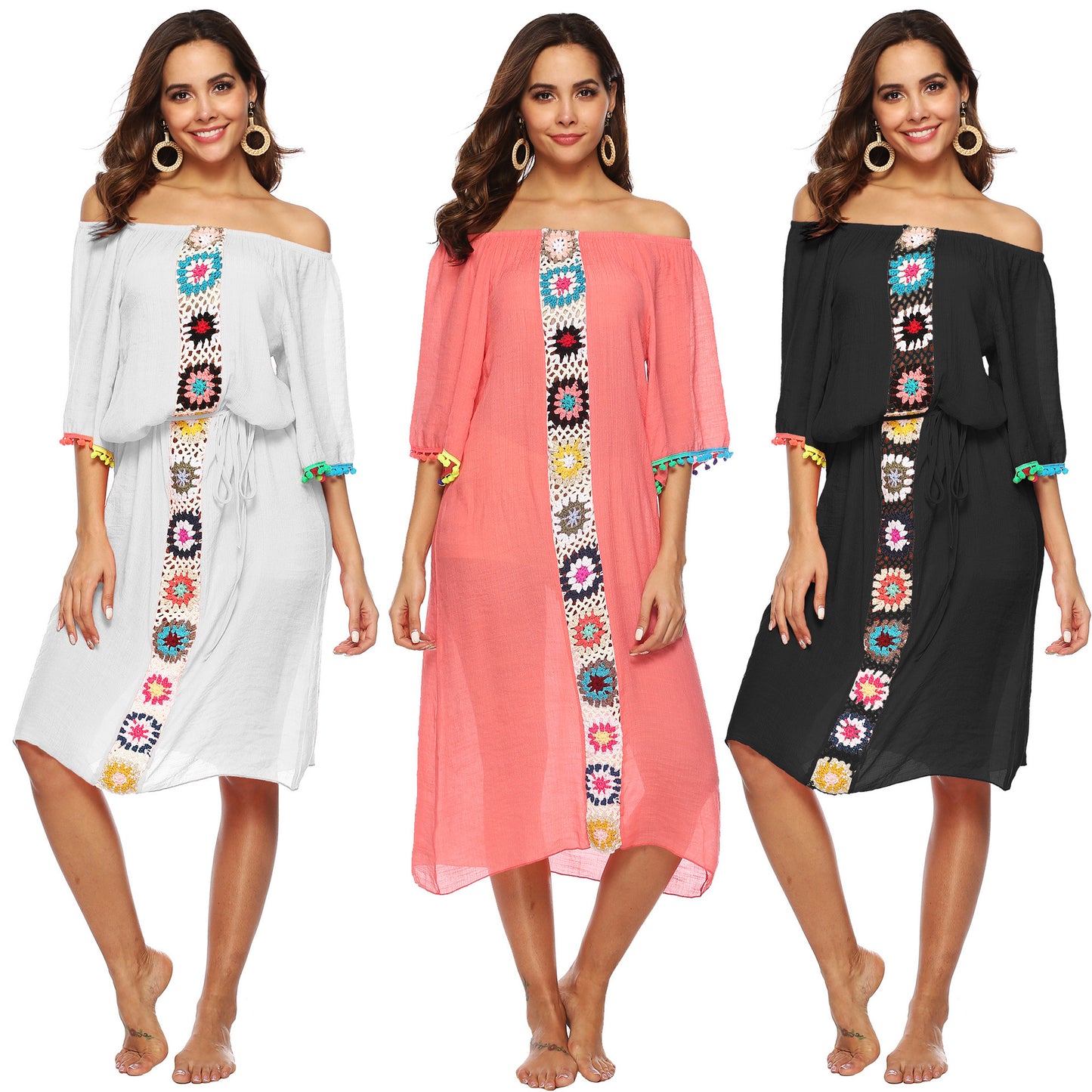 Robe Midi Brodée Off-Shoulder Femme Chic und Stil