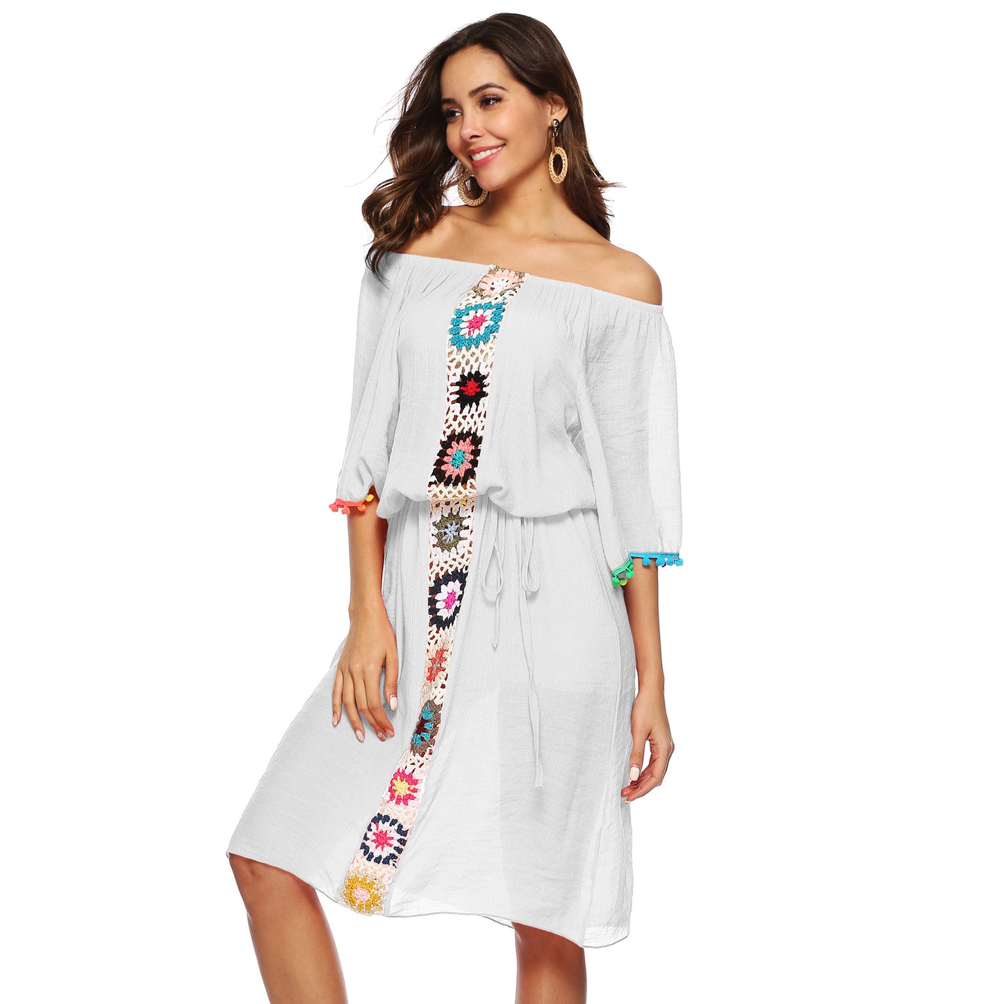 Robe Midi Brodée Off-Shoulder Femme Chic und Stil