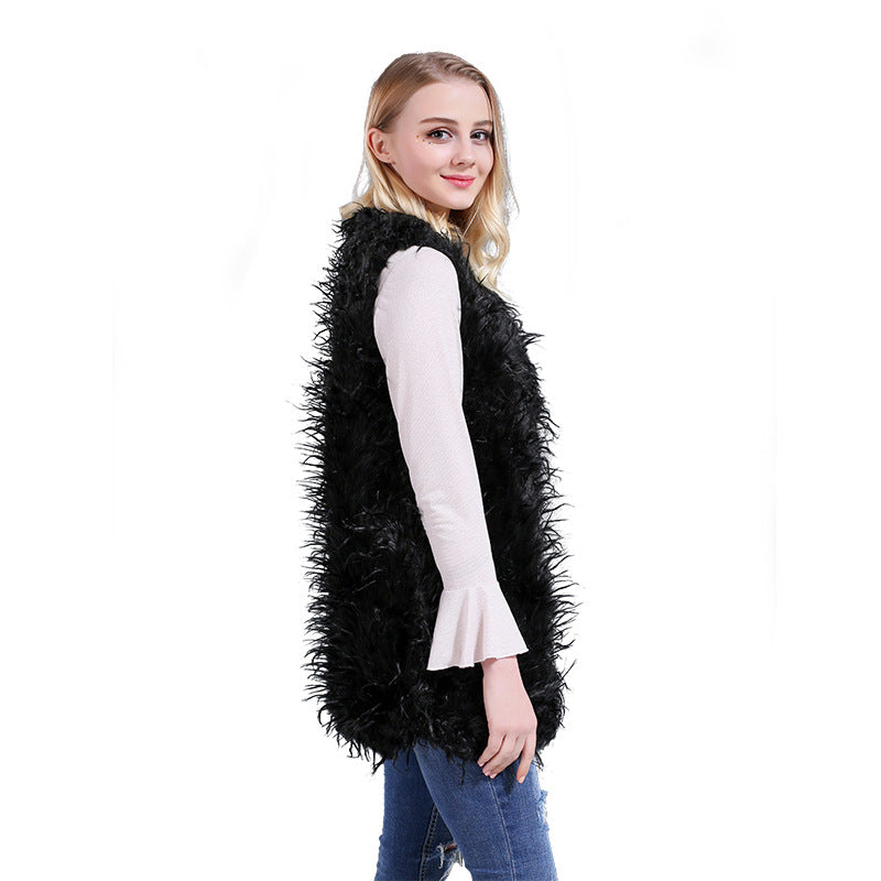 Dames Gilet Kaftan en peluche en fausse fourrure avec décolleté en V profond et poches latérales Chic und Stil