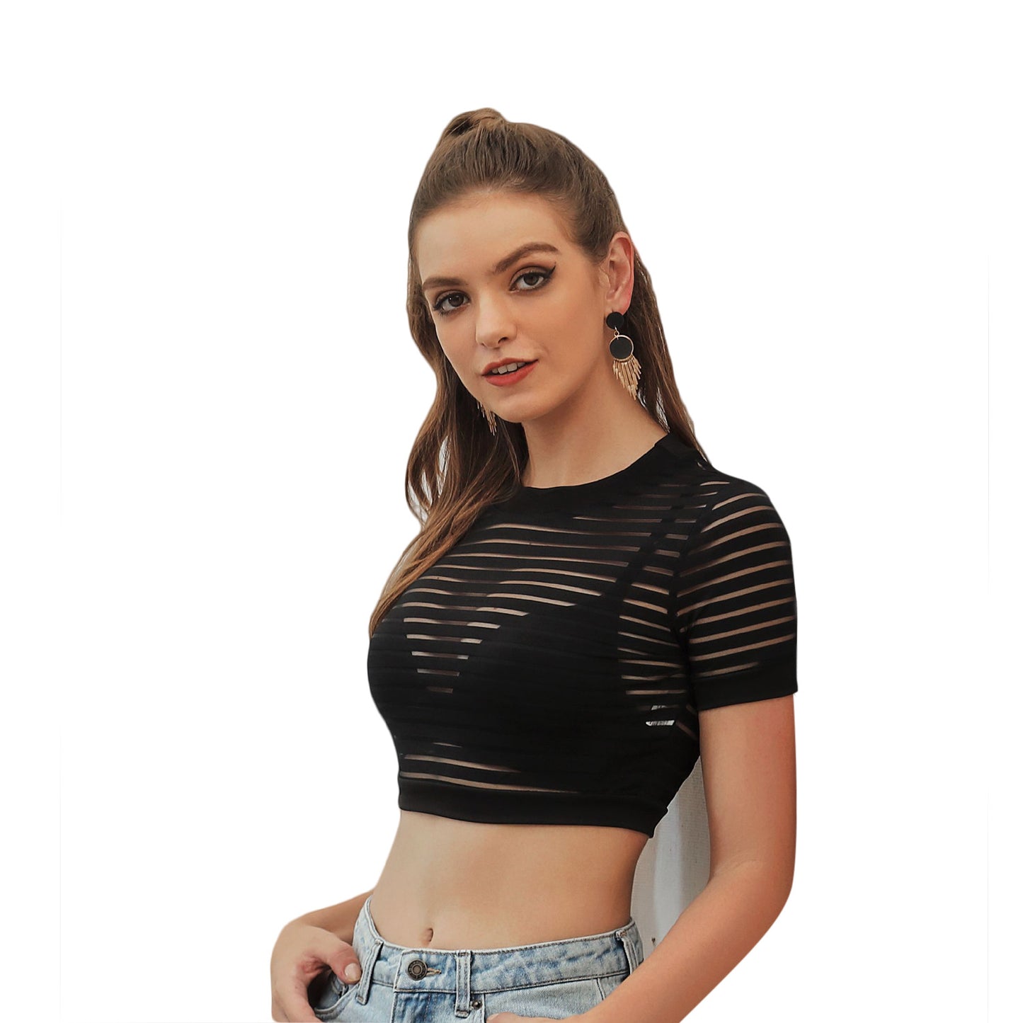 T-shirt cropped transparent décontracté pour femmes avec motif rayé Chic und Stil