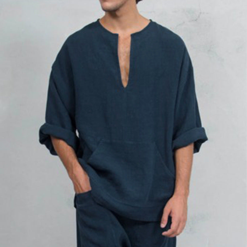 Hommes haut en lin décontracté avec encolure Henley et poche kangourou pratique Chic und Stil