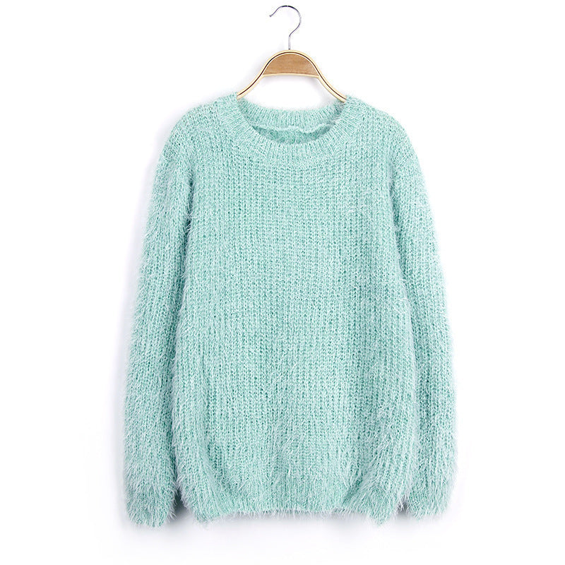 Dames Fluffy Pull en Tricot avec Col Rond Chic und Stil