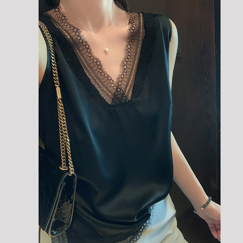 Camisole en satin élégant à bordures en dentelle pour femmes Chic und Stil