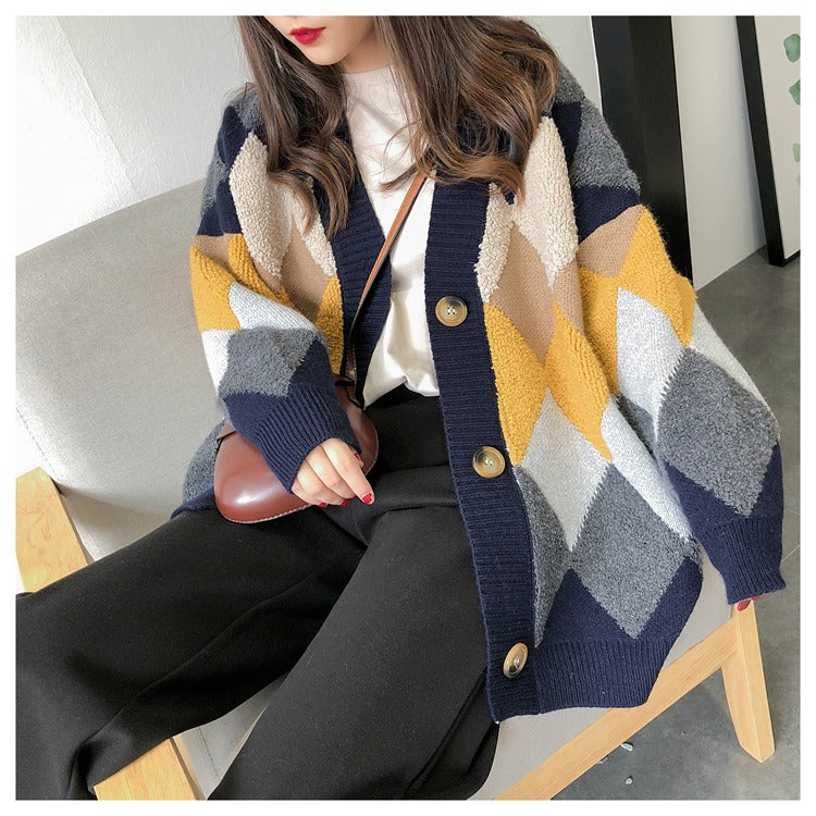 Cardigan en tricot pour femmes avec motif losange moderne Chic und Stil