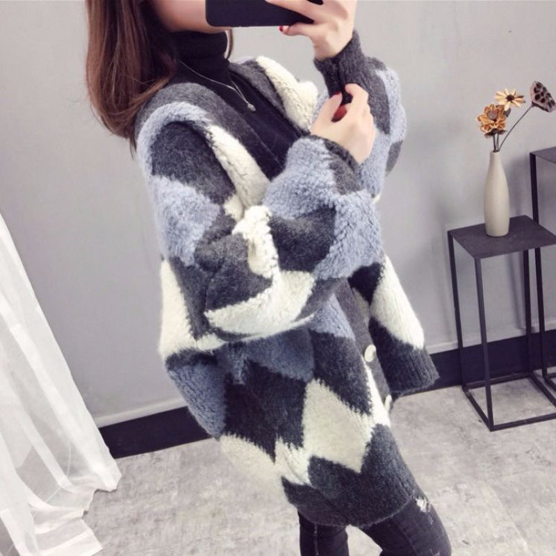 Cardigan en tricot pour femmes avec motif losange moderne Chic und Stil