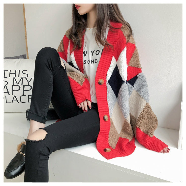 Cardigan en tricot pour femmes avec motif losange moderne Chic und Stil