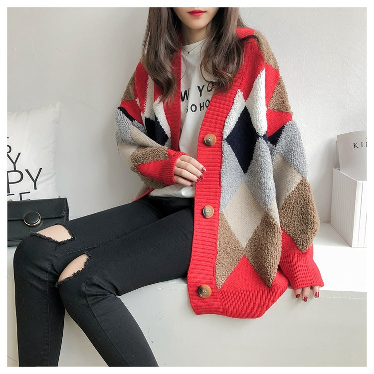 Cardigan en tricot pour femmes avec motif losange moderne Chic und Stil