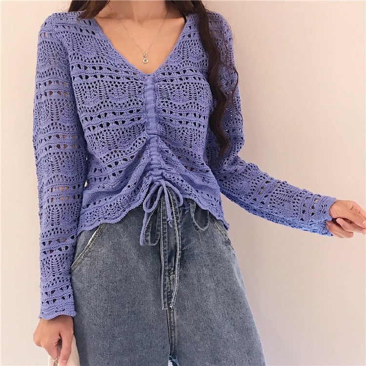 Pull en tricot pour femmes avec un motif de trous décoratif et un cordon réglable Chic und Stil