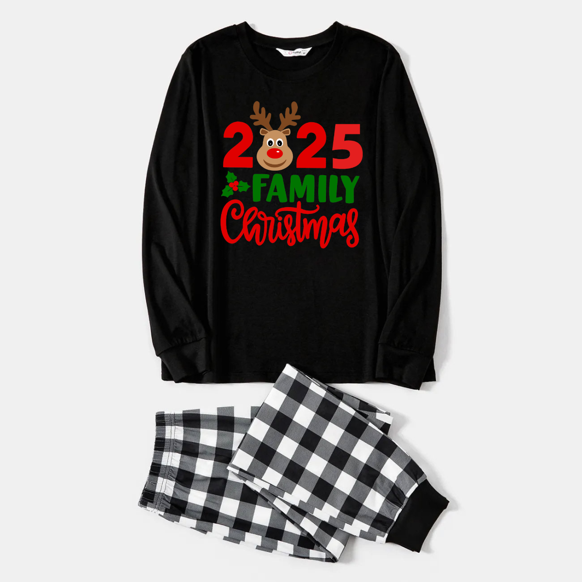Chic und Stil | "2025 Family Christmas" Moose Letter Print Black Long Sleeve Top with Black and White Checkered Pants Family Matching Pajamas