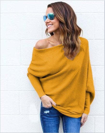 Ladies Off-Shoulder Knit Pullover with relaxed fit and ribbed texture Chic and Style