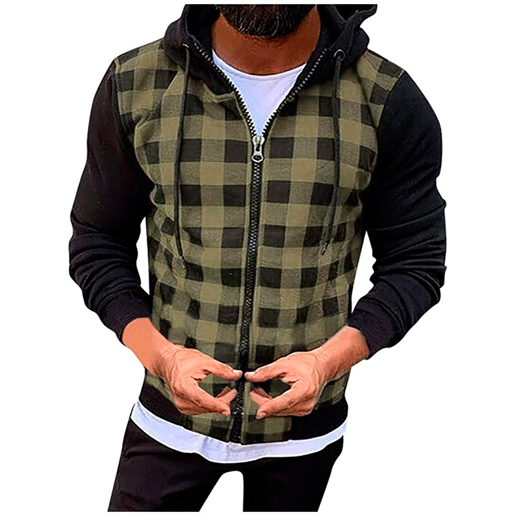 Veste à capuche à motifs carreaux mode pour hommes avec fermeture éclair fonctionnelle et manches contrastantes Chic und Stil