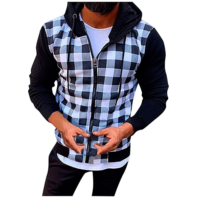 Veste à capuche à motifs carreaux mode pour hommes avec fermeture éclair fonctionnelle et manches contrastantes Chic und Stil