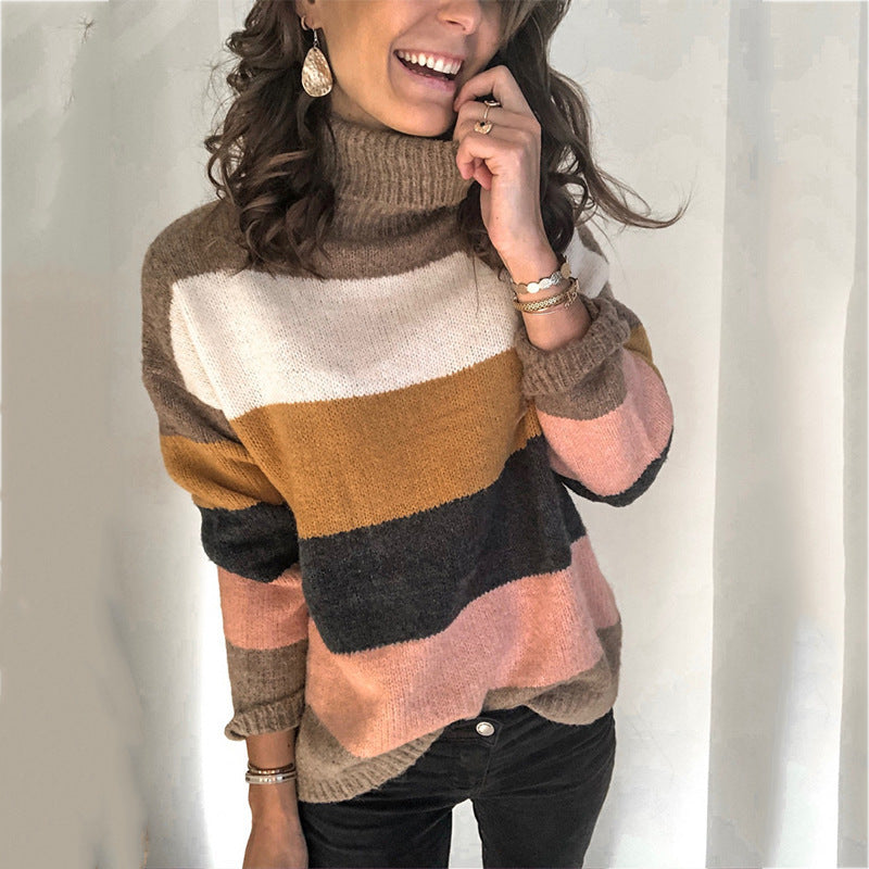 Dames pull en gros tricot à col haut et design rayé Chic und Stil
