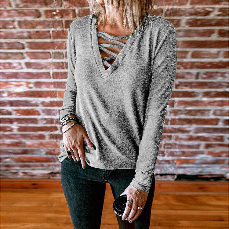 Chemisier à manches longues pour femmes avec décolleté en V et design de lacets décoratif Chic und Stil