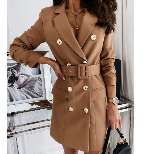 Dames Élégante robe blazer avec ceinture à la taille et double rangée de boutons Chic und Stil