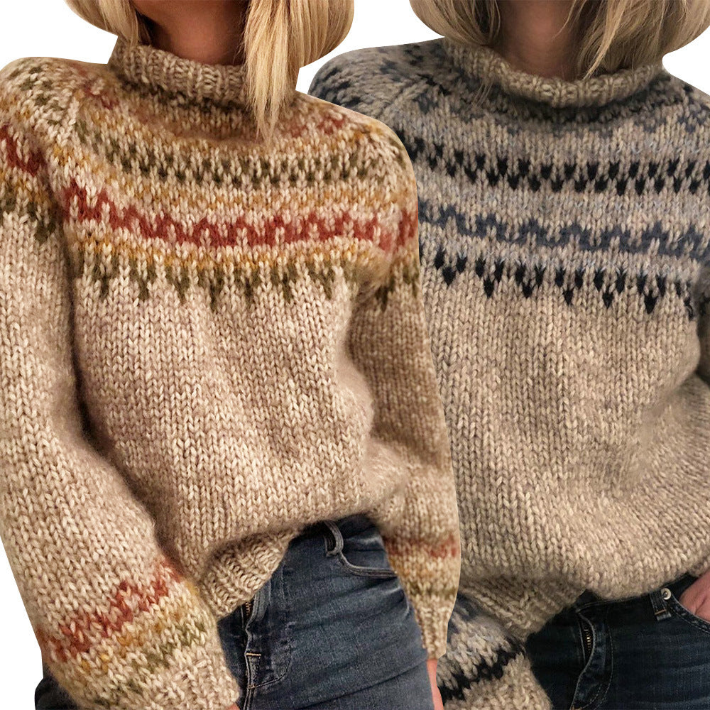 Dames Pull en maille épaisse avec col montant et motif unique Chic und Stil