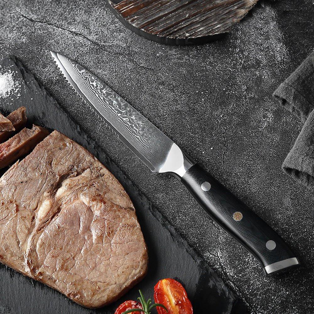 Ensemble de 6 Couteaux à Steak en Acier Damas à Lame Dentée - ChicUndStil