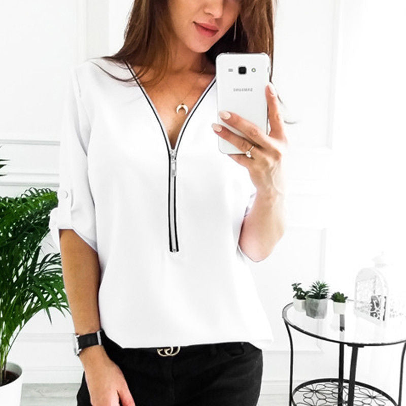Chemisier femme avec fermeture éclair et manches 3/4 Chic und Stil