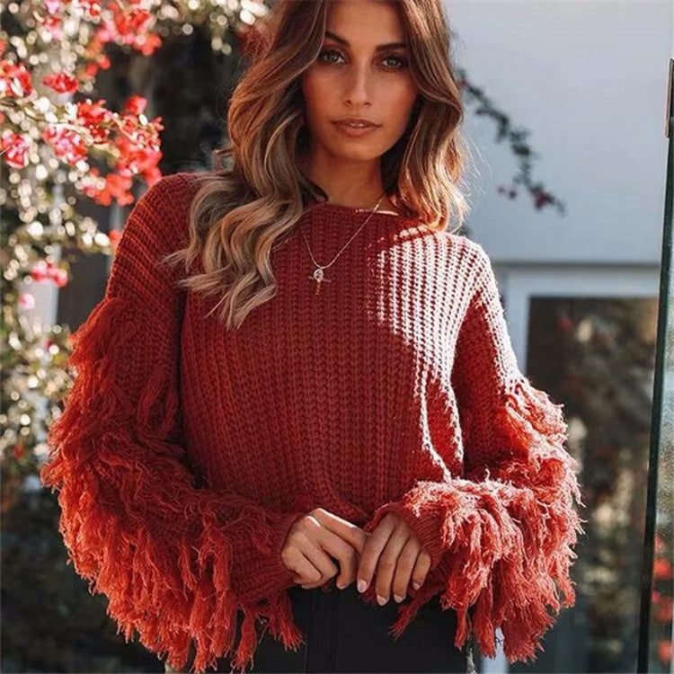 Pull structuré pour femmes avec des manches à franges originales Chic und Stil