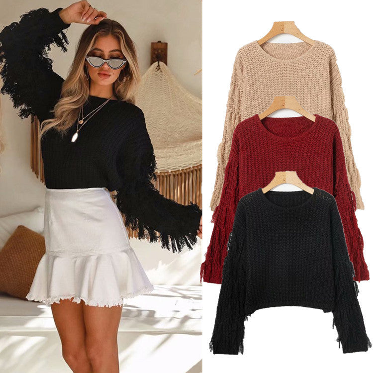 Pull structuré pour femmes avec des manches à franges originales Chic und Stil