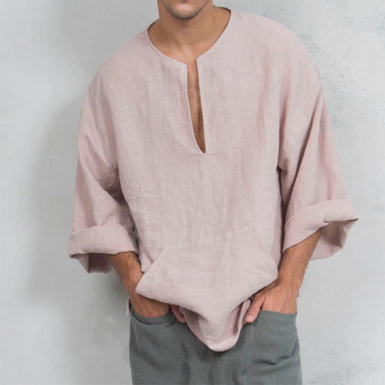 Hommes haut en lin décontracté avec encolure Henley et poche kangourou pratique Chic und Stil