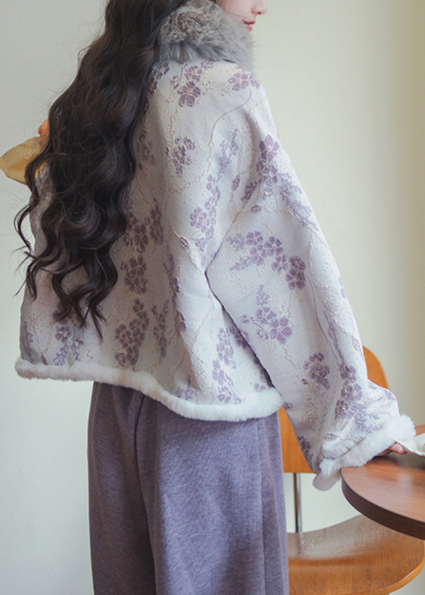 Chic und Stil | Lilac Button Printed Patchwork Coats Filled with Cotton