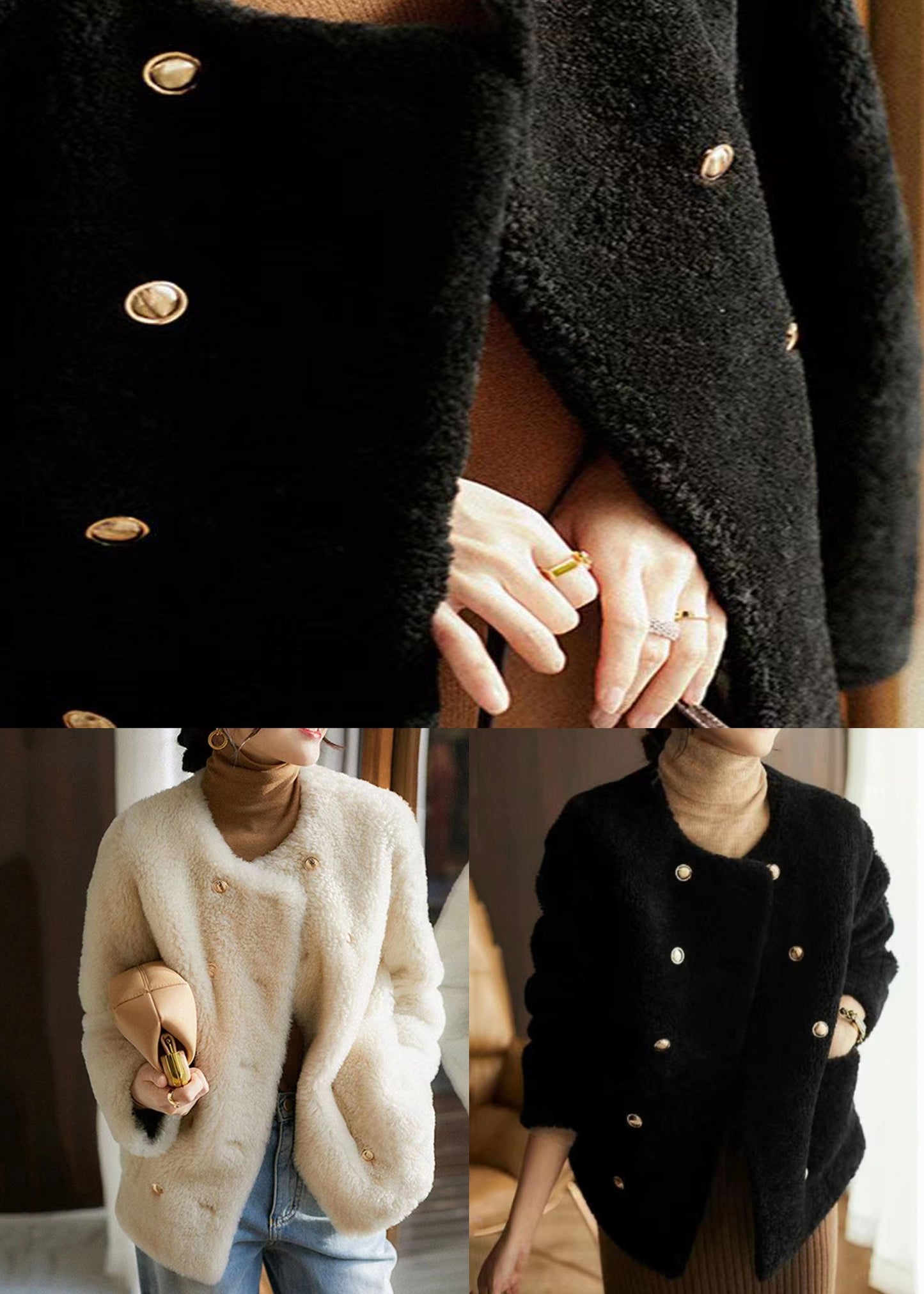 Chic und Stil | Patchwork Bags Wool Coats O-Neck Button Winter