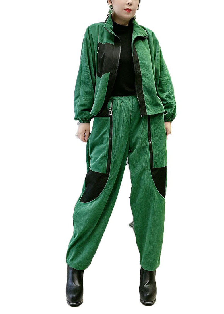 Chic und Stil | Green corduroy jacket and pants with high collar and zipper, warm fleece two-piece set, winter