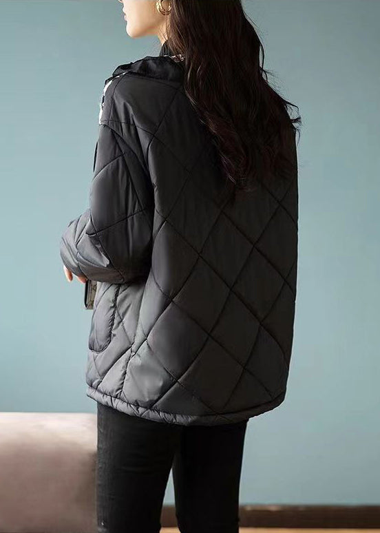 Chic und Stil | Black Checkered Cotton Coats with Patchwork Buttons Winter