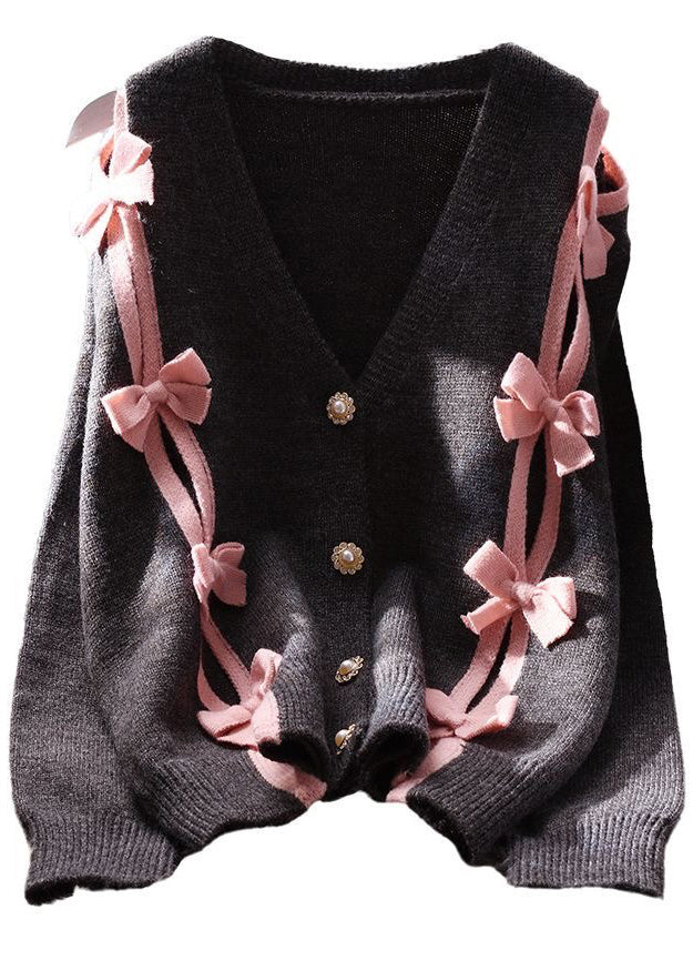 Chic und Stil | Black V neck knit cardigan with patchwork and bow