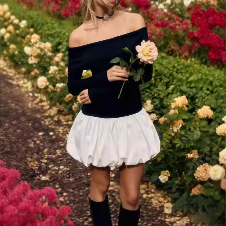 Robe mini à épaules dénudées pour femmes avec jupe volumineuse et manches longues Chic und Stil