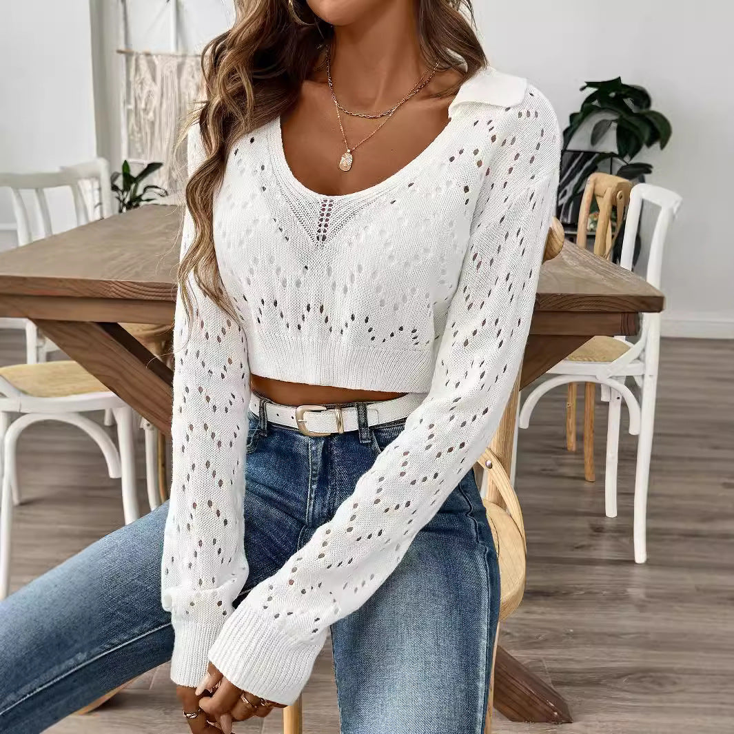 Pull à col en V en tricot pour femmes coupé court Chic und Stil
