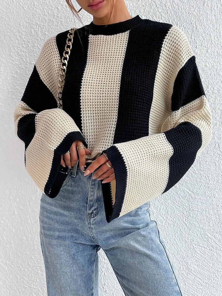 Pull en tricot pour femmes avec motif en nid d'abeille texturé et manches amples Chic und Stil