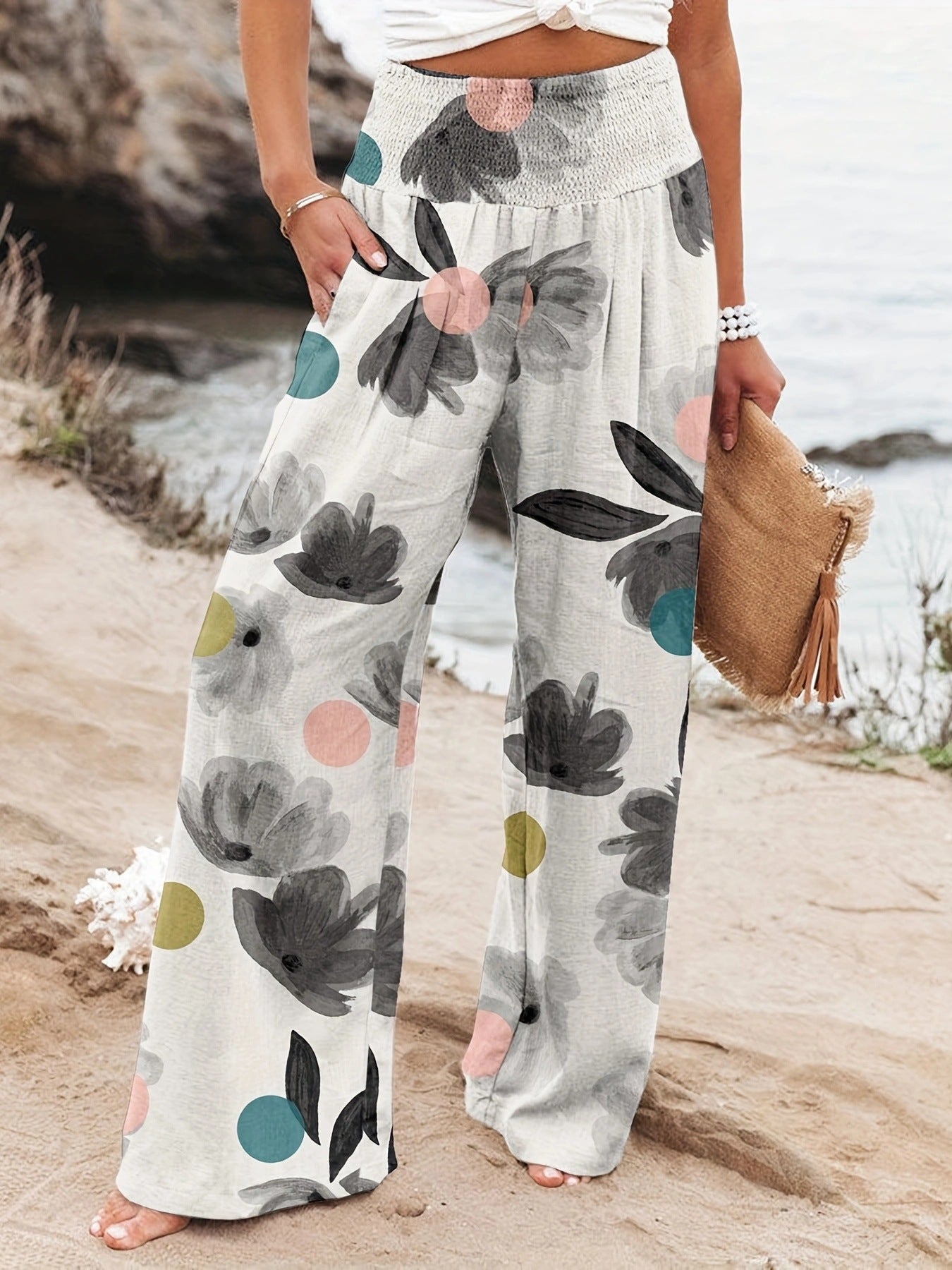 Pantalon d'été ample pour femmes avec imprimé floral et ceinture élastique Chic und Stil