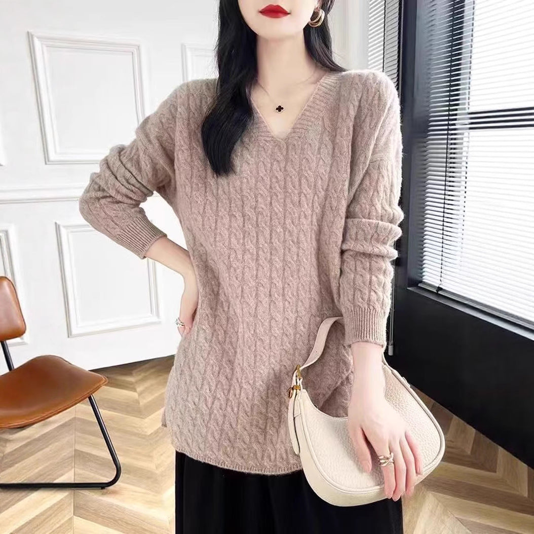 Femme pull en grosse maille avec décolleté en V et coupe décontractée Chic und Stil