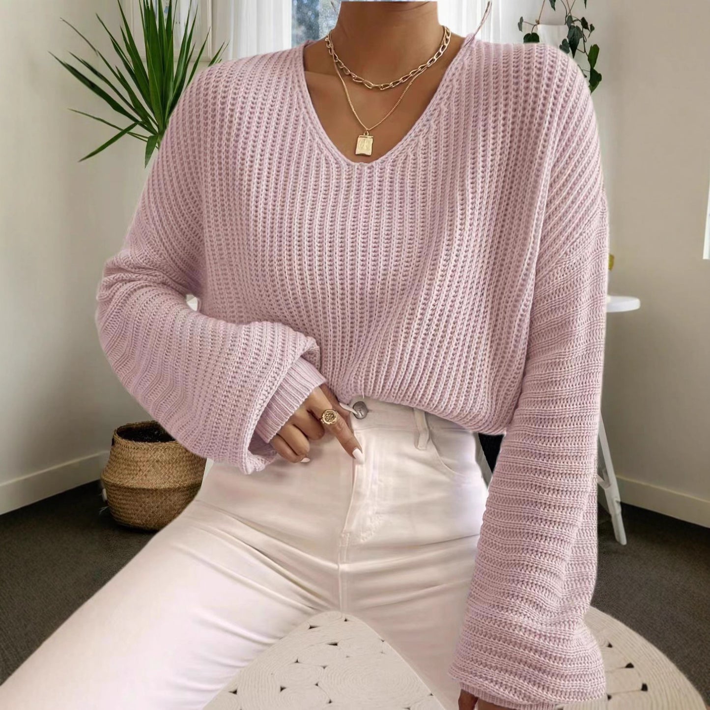 Pull en tricot décontracté pour femmes avec décolleté en V large et manches extra longues Chic und Stil