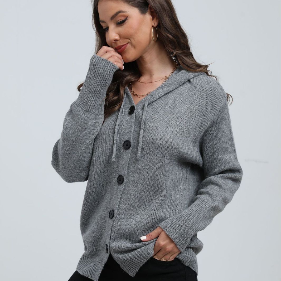 Cardigan en tricot décontracté pour femmes avec capuche et grands boutons Chic und Stil