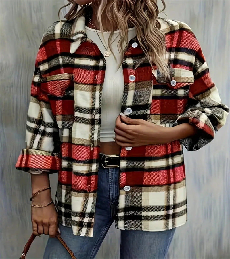 Veste en flanelle à carreaux pour femmes avec poches et boutonnière de bon goût Chic und Stil
