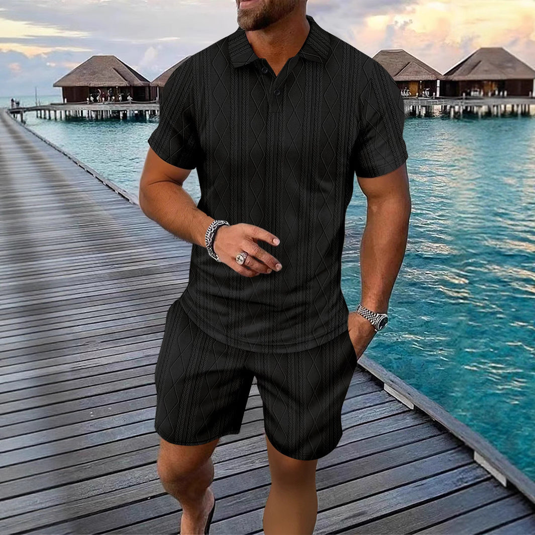 Hommes Ensemble Polo en Tricot Structuré et Shorts Chic und Stil