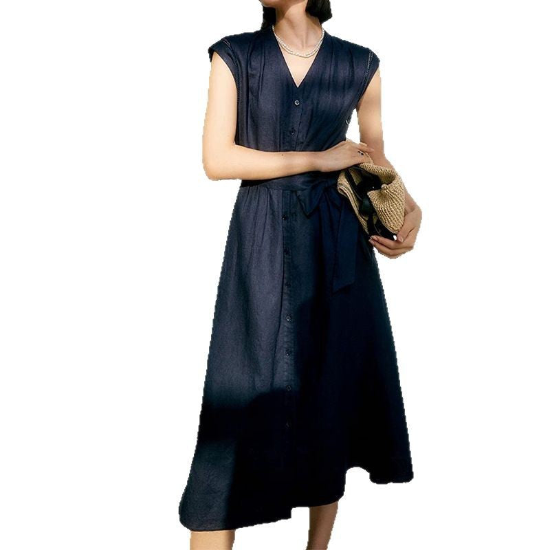 Robe midi à manches boutonnées pour femme avec taille à nouer Chic und Stil