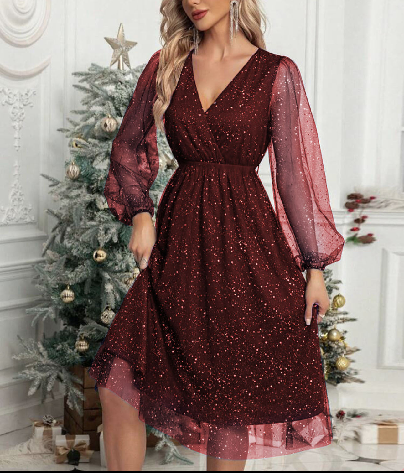Robe midi glamour pour femmes avec des manches bouffantes transparentes et un motif de sequins scintillants Chic und Stil