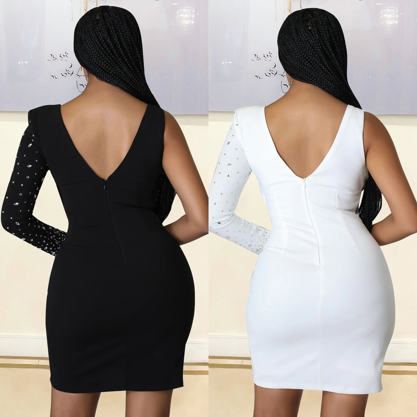 Dames Élégant Mini Robe Découpé avec Détails en Strass Chic und Stil