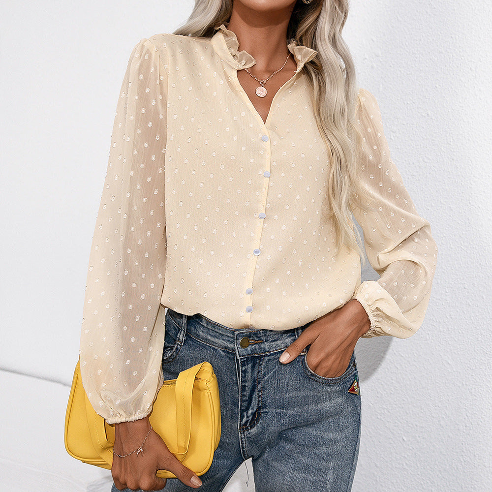 Blouse à volants pour femmes avec des manches transparentes et un motif à pois fin Chic und Stil