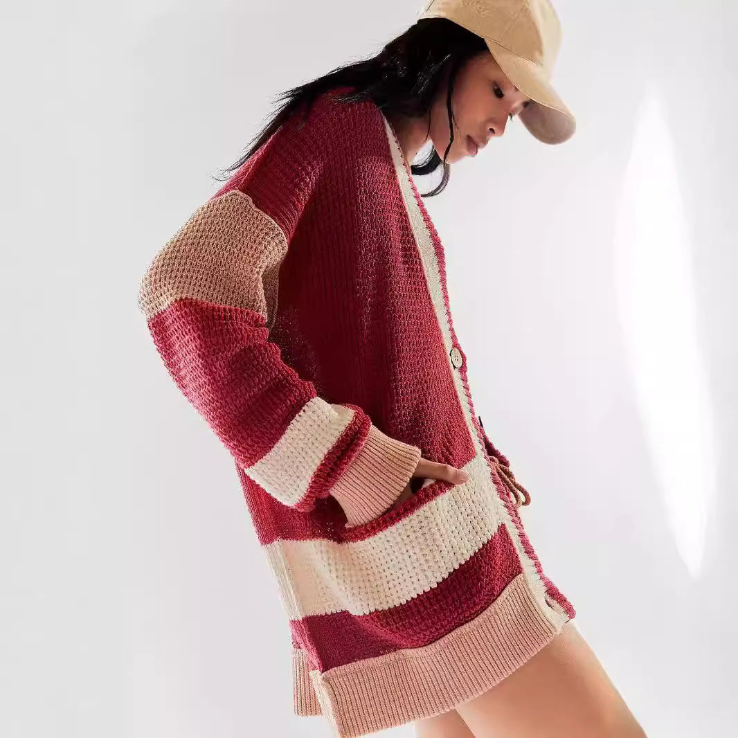 Cardigan en tricot décontracté pour femmes avec grandes poches et rayures contrastées élégantes Chic und Stil